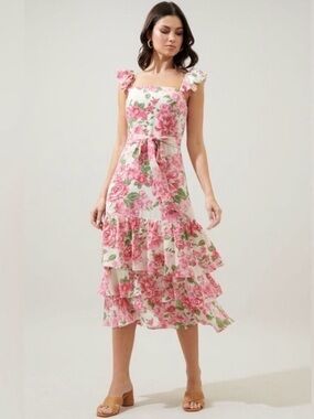 Sugarlips Truth Be Told Guayana Floral Belted Ruffle Tiered Midi Dress